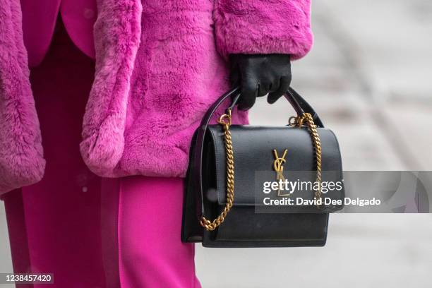 Detail photo of Natalia Levsinas handbag by YSL to New York Fashion Week at Spring Studios on February 13, 2022 in New York City.