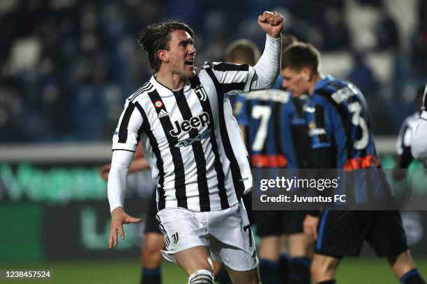 Dusan Vlahovic of Juventus during the Serie A match between Atalanta BC and Juventus at Gewiss Stadium on February 13, 2022 in Bergamo, Italy.