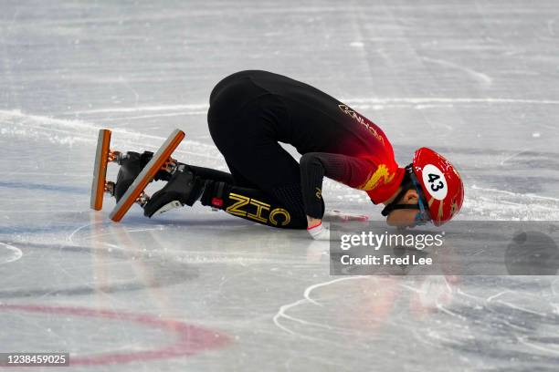 Kexin Fan of Team China celebrate after skating during the Women's 3000m Relay Final A on day nine of the Beijing 2022 Winter Olympic Games at...