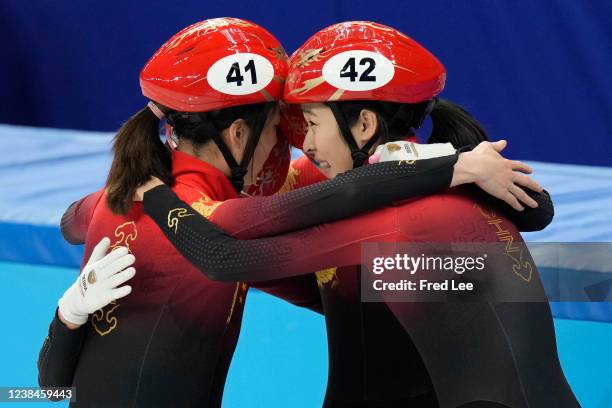 Chunyu Qu, Chutong Zhang, Kexin Fan, Yuting Zhang, Yutong Han of Team China celebrate winning the Silver medal during the Women's 3000m Relay Final A...