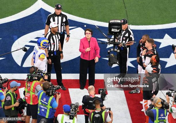 Former tennis player, Billie Jean King, flips the coin for the coin toss during Super Bowl LVI between the Cincinnati Bengals and the Los Angeles...