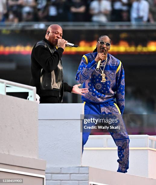 Inglewood, CA Dr. Dre and Snoop Dogg perform during halftime in Super Bowl LVI at SoFi Stadium on Sunday, Feb. 13 2022 in Inglewood, CA.