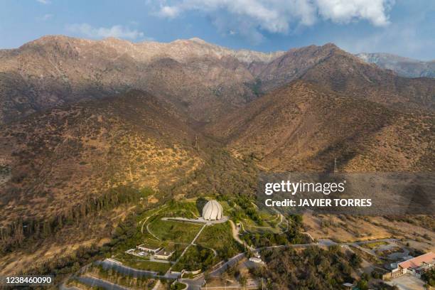 Aerial view of the Bahai Temple of South America located in the Andes mountain range in Santiago, on February 13, 2022