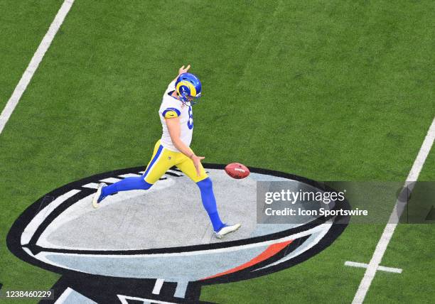 Los Angeles Rams Place Kicker Matt Gay kicks a punt in the first half during Super Bowl LVI between the Cincinnati Bengals and the Los Angeles Rams...