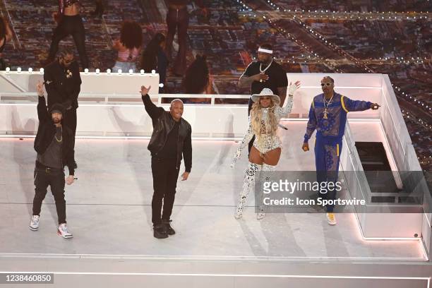 Eminem, Kendrick Lamar, Dr. Dre, Mary J. Blige, 50 Cent, and Snoop Dogg perform during the Super Bowl LVI Pepsi Halftime Show on February 13 at SoFi...