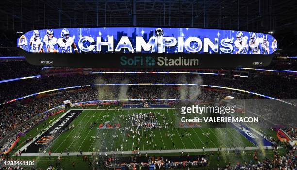 General view shows the stadium after the LA Rams won Super Bowl LVI between the Los Angeles Rams and the Cincinnati Bengals at SoFi Stadium in...