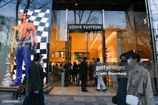 The logo of Louis Vuitton Malletier is seen in Shibuya Ward, Tokyo