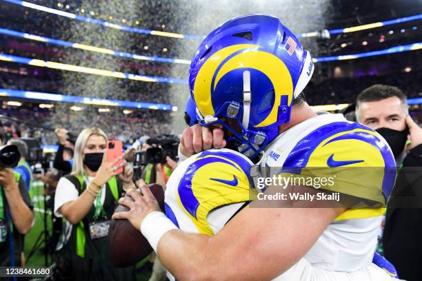 Inglewood, CA Los Angeles Rams quarterback Matthew Stafford hugs Eric Weddle after defeating the Cincinnati Bengals 23-20 in Super Bowl LVI at SoFi...