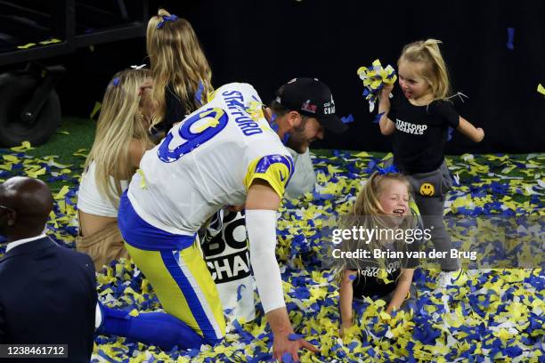 Inglewood, CA Los Angeles Rams quarterback Matthew Stafford celebrates with his daughters after defeating the Cincinnati Bengals 23-20 in Super Bowl...