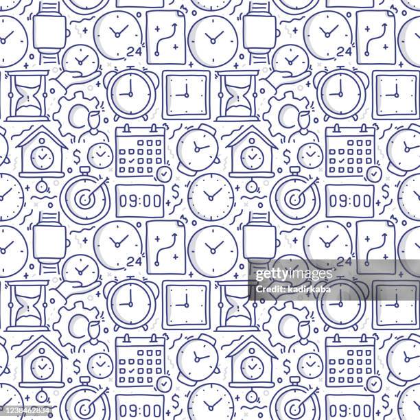 time management doodle seamless pattern and line icons - mind map stock illustrations