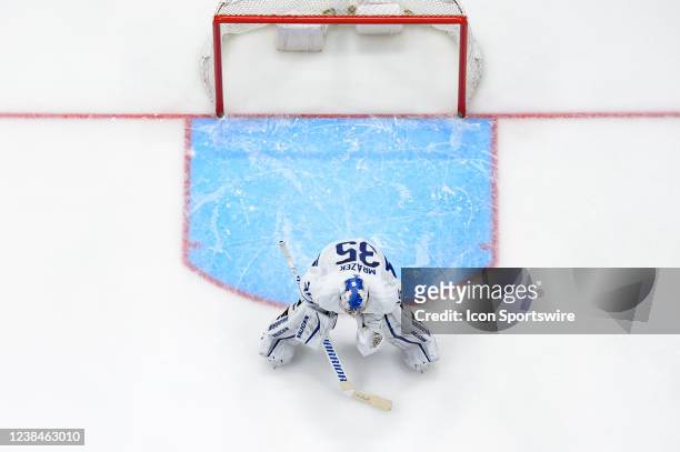 Toronto Maple Leafs goaltender Petr Mrazek in net against the Vancouver Canucks during their NHL game at Rogers Arena on February 12, 2022 in...