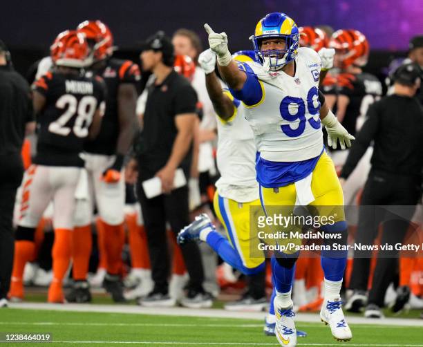 Inglewood, CA Aaron Donald of the Los Angeles Rams celebrates after the Rams defeat the Cincinnati Bengals 23-20 in the NFL Super Bowl LVI football...