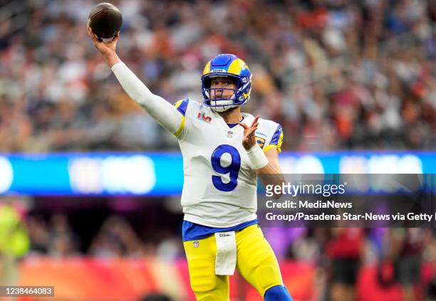 Inglewood, CA Quarterback Matthew Stafford of the Los Angeles Rams throws downfield during the first half of the NFL Super Bowl LVI football game...