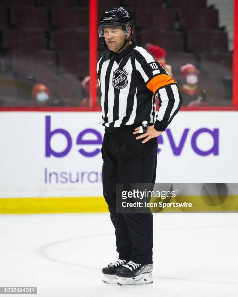 Referee Kyle Rehman after a whistle during third period National Hockey League action between the Boston Bruins and Ottawa Senators on February 12 at...