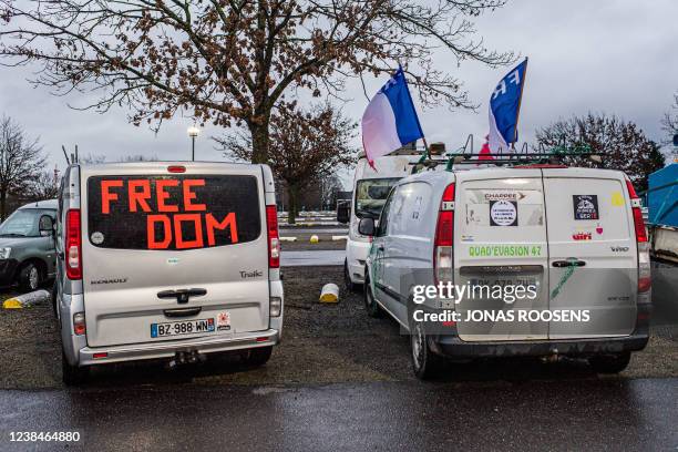 Illustration picture shows cars gathered on Parking C of the Heizel expo area during a protest action against corona-measures where people are urged...