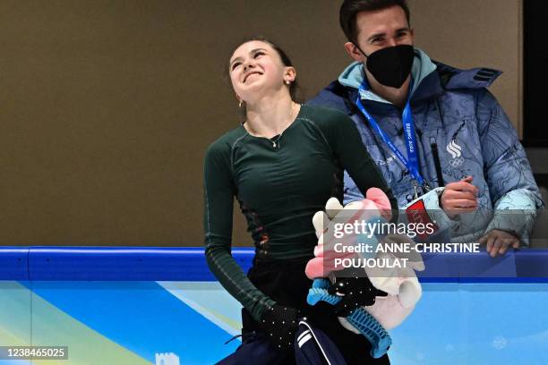 Russia's Kamila Valieva attends a training session on February 14, 2022 prior the figure skating event at the Beijing 2022 Winter Olympic Games. -...