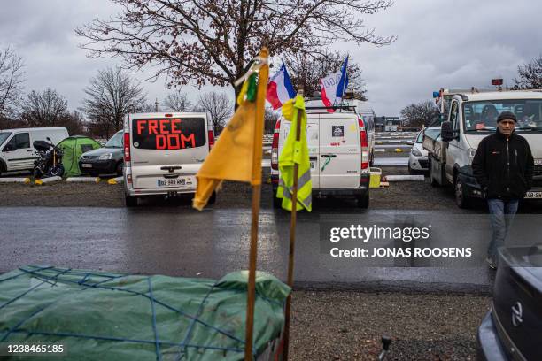 Illustration picture shows cars gathered on Parking C of the Heizel expo area during a protest action against corona-measures where people are urged...