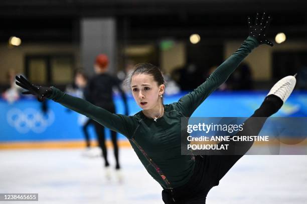 Russia's Kamila Valieva attends a training session on February 14, 2022 prior the figure skating event at the Beijing 2022 Winter Olympic Games. -...