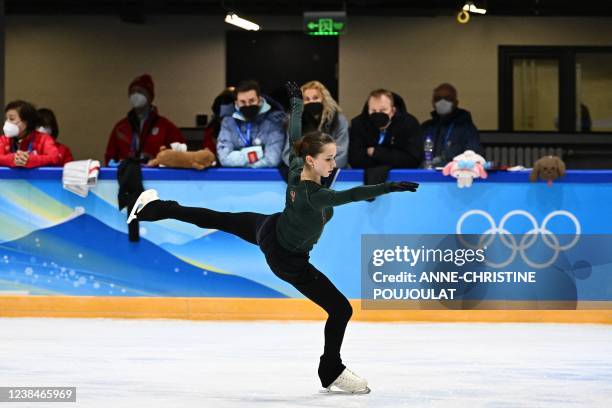 Russia's Kamila Valieva attends a training session on February 14, 2022 prior the figure skating event at the Beijing 2022 Winter Olympic Games. -...