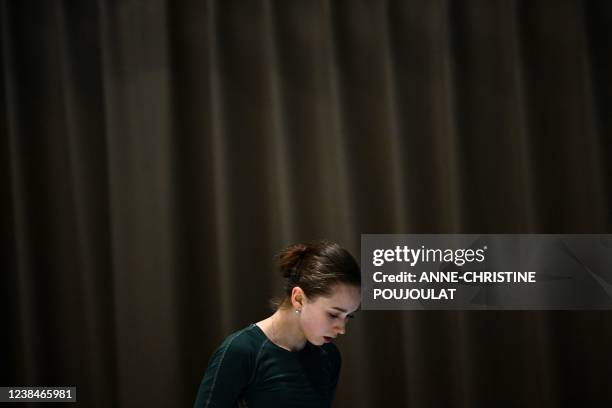 Russia's Kamila Valieva attends a training session on February 14, 2022 prior the figure skating event at the Beijing 2022 Winter Olympic Games. -...