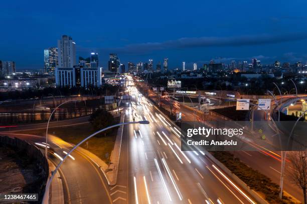 An aerial view of snapshot cars moving on main road in Cankaya district of Ankara, Turkiye on February 10, 2022.