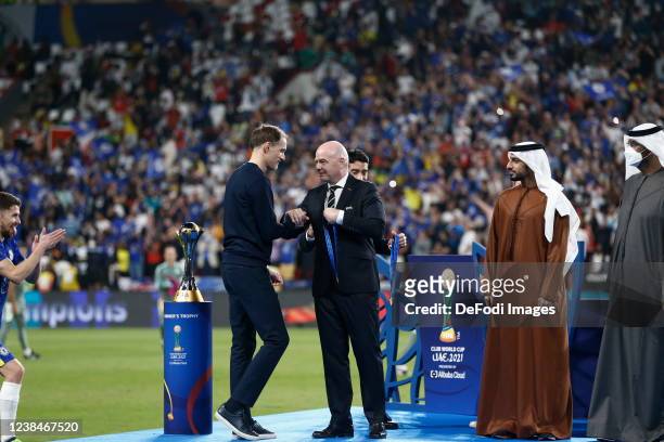 Head coach Thomas Tuchel of Chelsea FC looks on at the award ceremony during the FIFA Club World Cup UAE 2021 Final match between Chelsea and...
