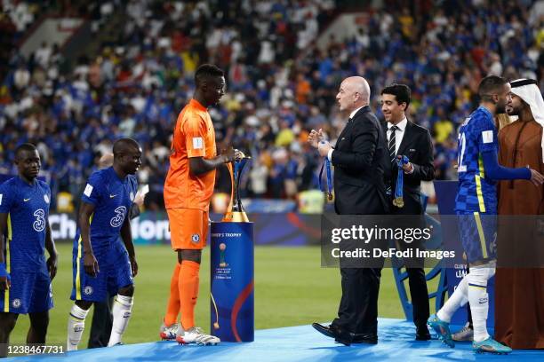 Goalkeeper Edouard Mendy of Chelsea FC looks on at the award ceremony during the FIFA Club World Cup UAE 2021 Final match between Chelsea and...