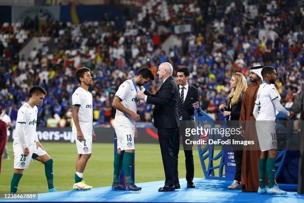 Luan Garcia of SE Palmeiras become the medal at the award ceremony during the FIFA Club World Cup UAE 2021 Final match between Chelsea and Palmeiras...