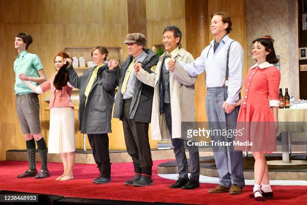 Kirstin Warnke, Maximilian Diehle, Henny Reents, Yu Fang, Thomas Heinze, Anna Julia Antonucci and Michael Kind attend the premiere of the play Der...