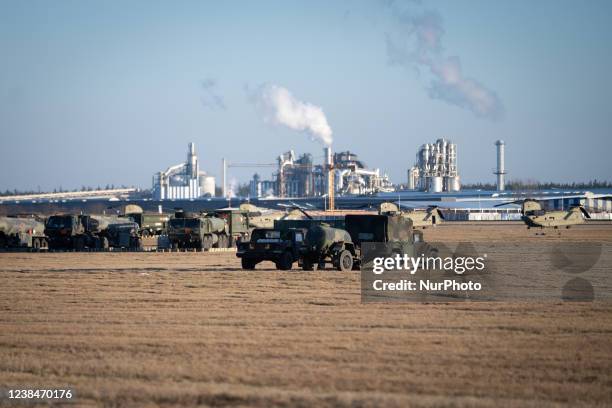 Military vehicles are seen at the military base for U.S. Troops which being established at the Mielec Airport in Poland on 13 February 2022