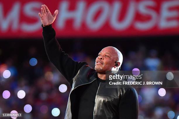 Rapper and producer Dr. Dre performs during the halftime show of Super Bowl LVI between the Los Angeles Rams and the Cincinnati Bengals at SoFi...