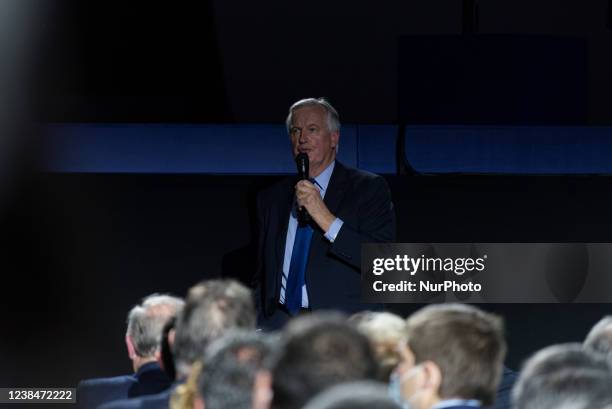 Michel Barnier at the meeting of French conservative party Les Républicains presidential candidate Valérie Pécresse, who delivers a speech during her...