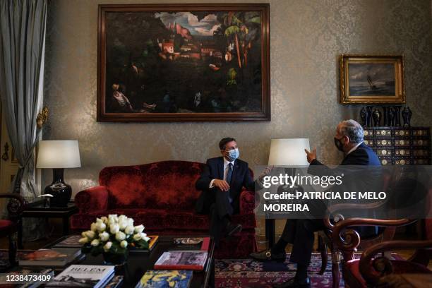 Portugal's President Marcelo Rebelo de Sousa and Slovenia's President Borut Pahor attend a meeting at Belem Palace in Lisbon on February 14, 2022. -...