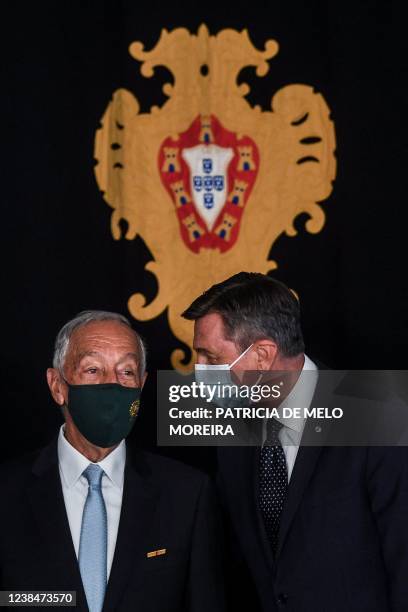 Portugal's President Marcelo Rebelo de Sousa welcomes Slovenia's President Borut Pahor prior to their meeting at Belem Palace in Lisbon on February...