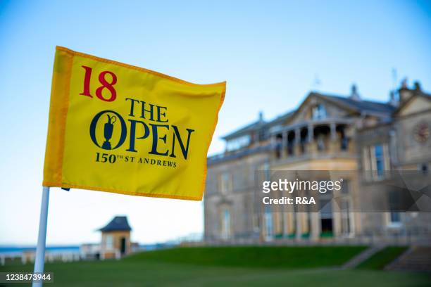 Pin flag is pictured in front of the R&A Clubhouse with 150 Days to go until The 150th Open at St Andrews on February 14,2022 in St Andrews,Scotland.
