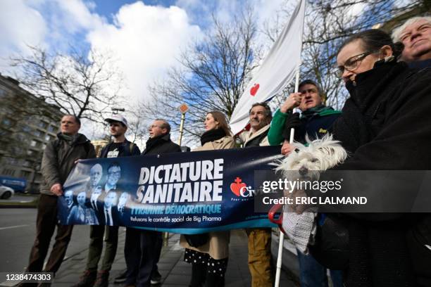 Few people gather at the headquarters of broadcasters VRT and RTBF in the Auguste Reyerslaan - Boulevard Auguste Reyers, for a protest action against...