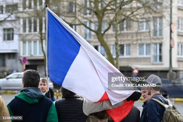 Few people gather at the headquarters of broadcasters VRT and RTBF in the Auguste Reyerslaan - Boulevard Auguste Reyers, for a protest action against...