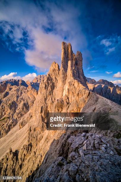 Summits and rock faces of Torri di Vajolet of Rosengarten group, seen from west above the mountain hut Rifugio Re Alberto I at sunset.
