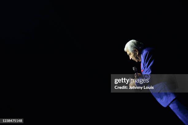 Don Francisco introduced legends Jose Luis Rodriguez El Puma on stage during 'Dia del Amor y La Amistad' concert at James L. Knight Center on...