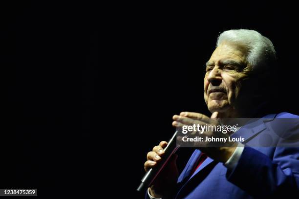 Don Francisco introduced legends Jose Luis Rodriguez El Puma on stage during 'Dia del Amor y La Amistad' concert at James L. Knight Center on...