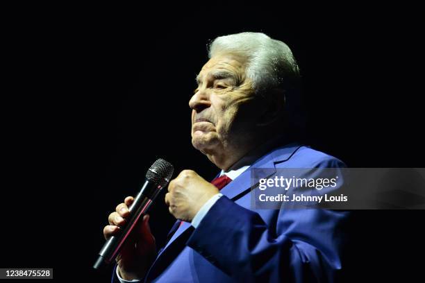 Don Francisco introduced legends Jose Luis Rodriguez El Puma on stage during 'Dia del Amor y La Amistad' concert at James L. Knight Center on...