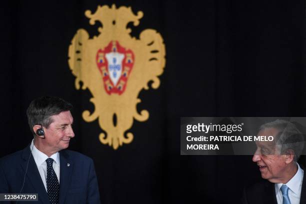 Portugal's President Marcelo Rebelo de Sousa and Slovenia's President Borut Pahor hold a joint press conference after their meeting at the Belem...