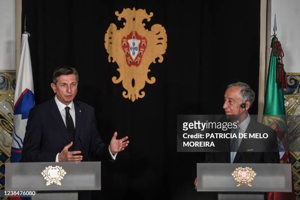 Portugal's President Marcelo Rebelo de Sousa and Slovenia's President Borut Pahor hold a joint press conference after their meeting at the Belem...