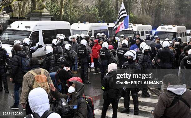 Illustration picture shows protesters and police forces during a protest action against corona-measures where people are urged to block the capital...