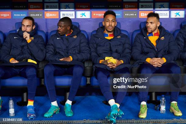 Oscar Mingueza, Ousmane Dembele, Pierre-Emerick Aubameyang, Martin Braithwaite sitting on the bench prior the La Liga Santander match between RCD...