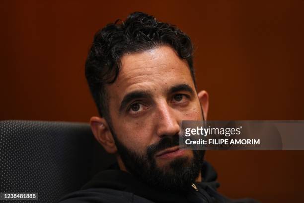 Sporting's head coach Ruben Amorim addresses a press conference at the Jose Alvalade stadium in Lisbon on February 14 on the eve of the UEFA...