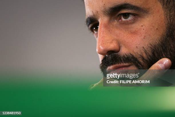 Sporting's head coach Ruben Amorim addresses a press conference at the Jose Alvalade stadium in Lisbon on February 14 on the eve of the UEFA...