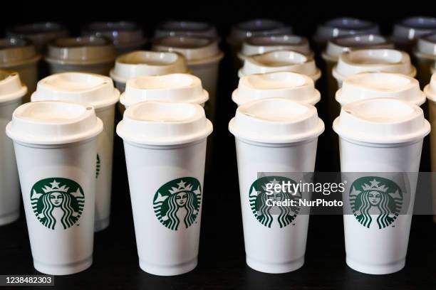Starbucks Coffee logo is seen on cups at the cafe in Krakow, Poland on February 14, 2022.