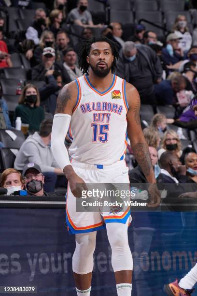 Derrick Favors of the Oklahoma City Thunder looks on during the game against the Sacramento Kings on February 5, 2022 at Golden 1 Center in...