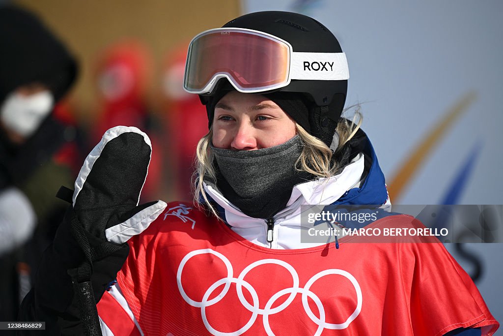 Freestyle Skin France's Tess Ledeux reacts as she competes in the freestyle skiing ...